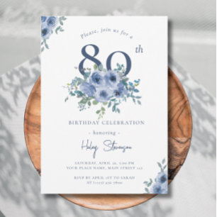 Invitation Aquarelle Bleu Dusty Floral 80e Anniversaire Chic