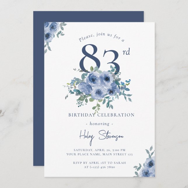 Invitation Aquarelle Bleu Dusty Floral 83e Anniversaire Chic (Devant / Derrière)