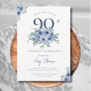 Invitation Aquarelle Bleu Dusty Floral 90e Anniversaire Chic