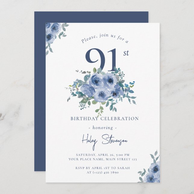 Invitation Aquarelle Bleu Dusty Floral 91e Anniversaire Chic (Devant / Derrière)