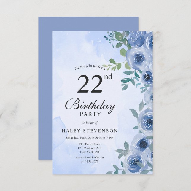 Invitation Aquarelle bleu Dusty Floral Chic 22e anniversaire (Devant / Derrière)