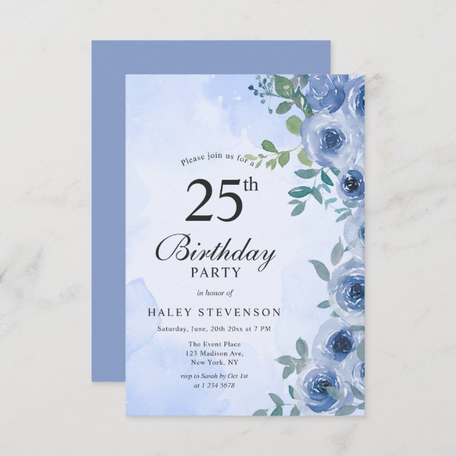 Invitation Aquarelle bleu Dusty Floral Chic 25e anniversaire (Devant / Derrière)