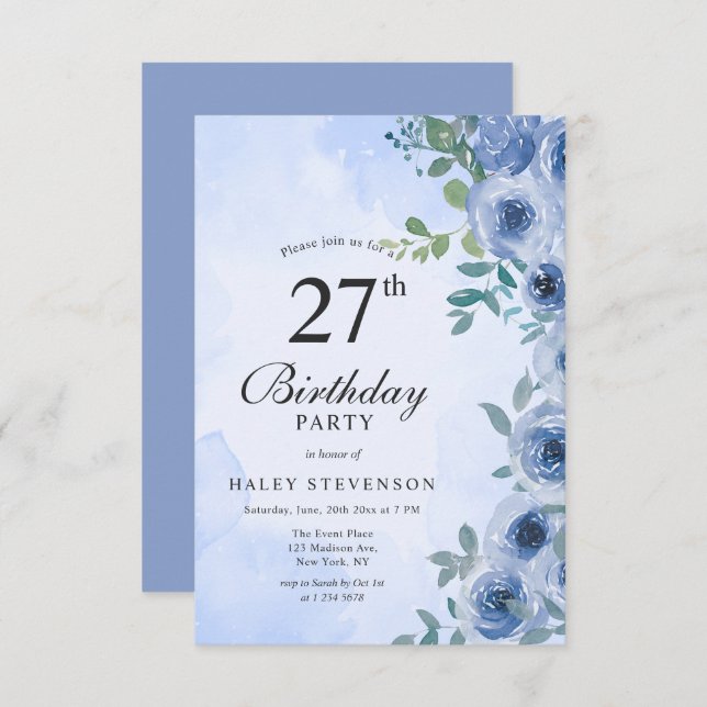 Invitation Aquarelle bleu Dusty Floral Chic 27e anniversaire (Devant / Derrière)