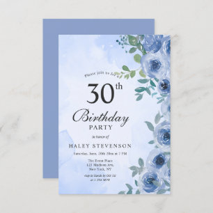 Invitation Aquarelle bleu Dusty Floral Chic 30e anniversaire