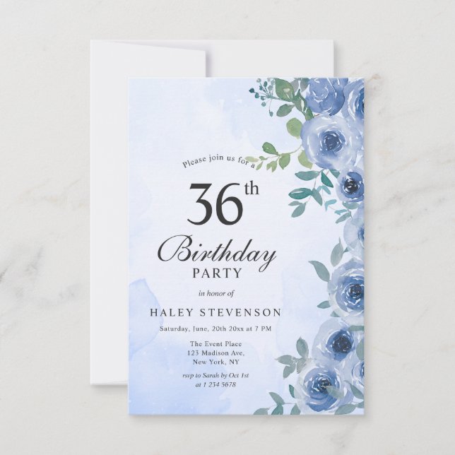 Invitation Aquarelle bleu Dusty Floral Chic 36e anniversaire (Devant)