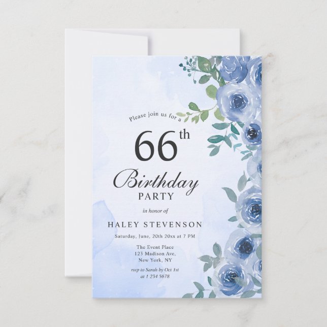 Invitation Aquarelle bleu Dusty Floral Chic 66e Anniversaire  (Devant)