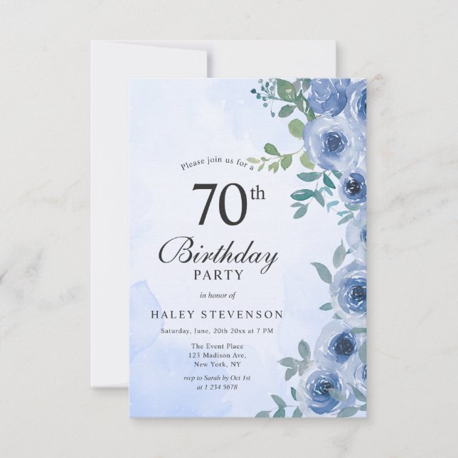 Invitation Aquarelle bleu Dusty Floral Chic 70e Anniversaire  (Devant)