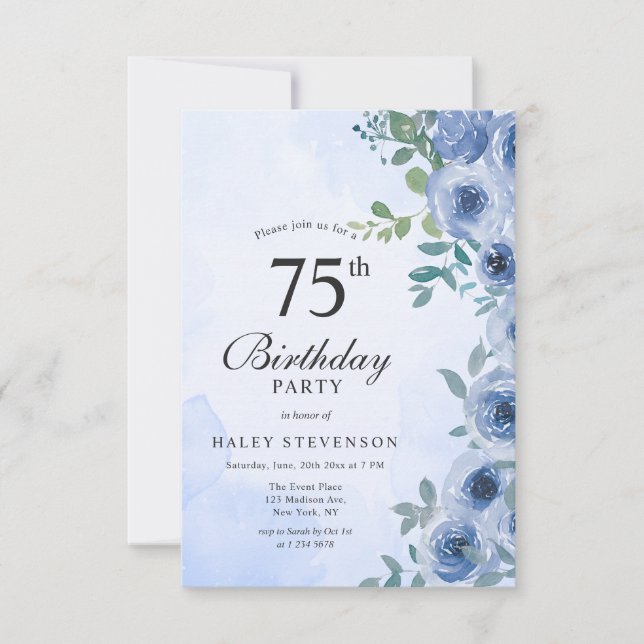 Invitation Aquarelle bleu Dusty Floral Chic 75e Anniversaire  (Devant)