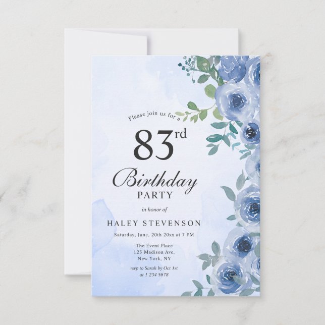 Invitation Aquarelle bleu Dusty Floral Chic 83e anniversaire (Devant)