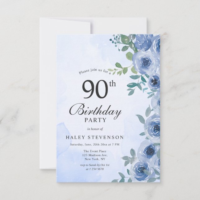 Invitation Aquarelle bleu Dusty Floral Chic 90e anniversaire (Devant)