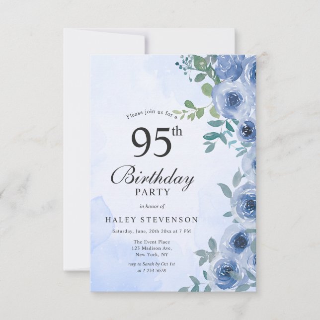 Invitation Aquarelle bleu Dusty Floral Chic 95e anniversaire (Devant)