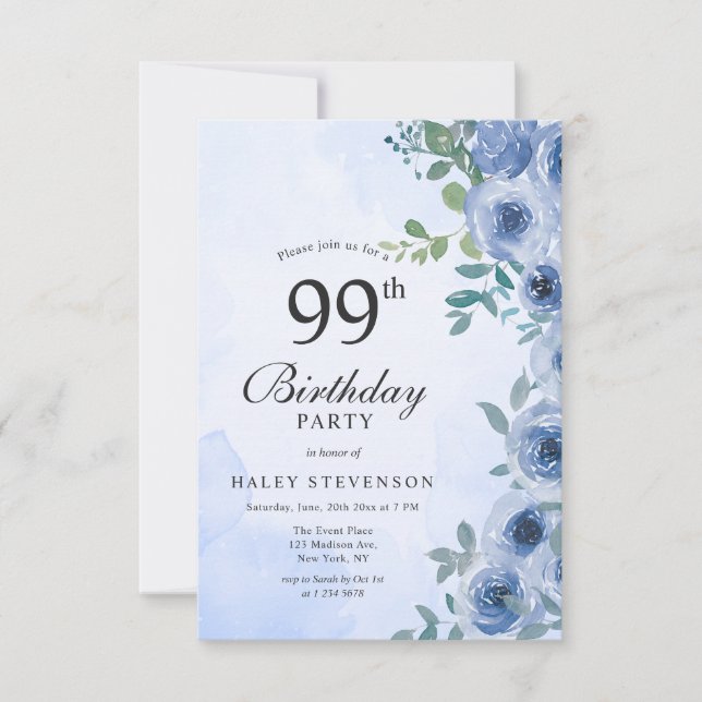Invitation Aquarelle bleu Dusty Floral Chic 99e anniversaire (Devant)