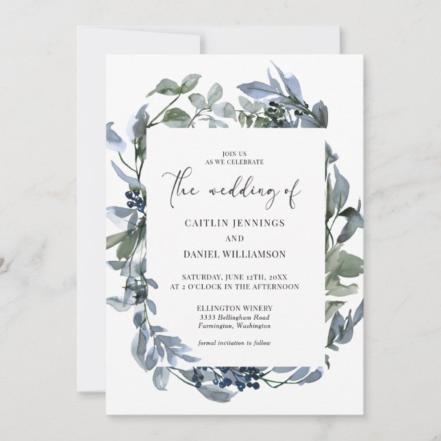Invitation Aquarelle bleu Dusty Floral Mariage (Devant)
