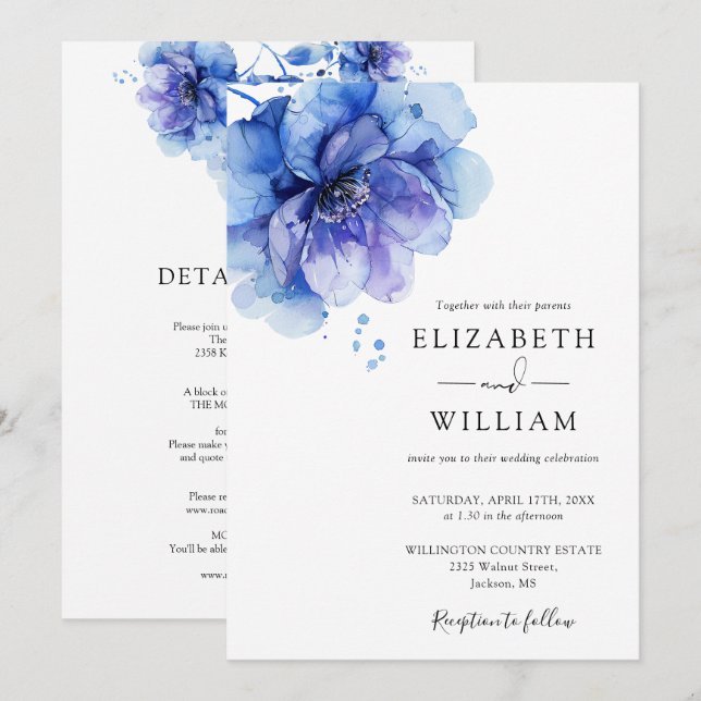 Invitation Aquarelle bleu Dusty Floral tout en un Mariage (Devant / Derrière)