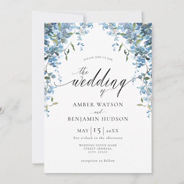 Invitation Aquarelle bleu Dusty Floral Wisteria Mariage Inv (Devant)