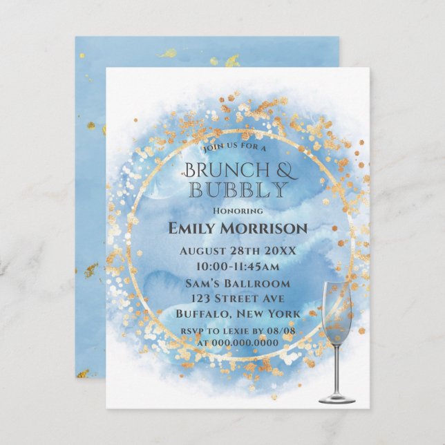 Invitation Aquarelle bleu Dusty Gold Brunch & Bubbly Invitati (Devant / Derrière)