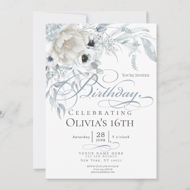 Invitation Aquarelle bleu Dusty Ivoire Peonies Anniversaire (Devant)