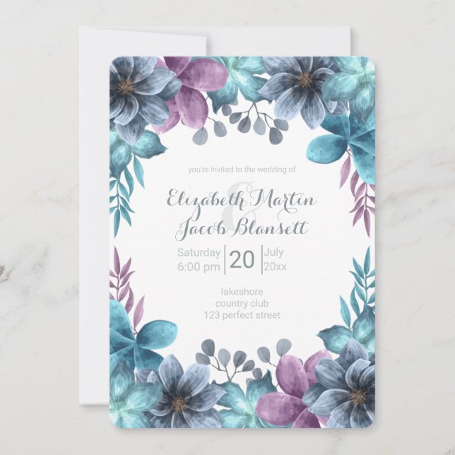 Invitation Aquarelle bleu Dusty Mariage Floral