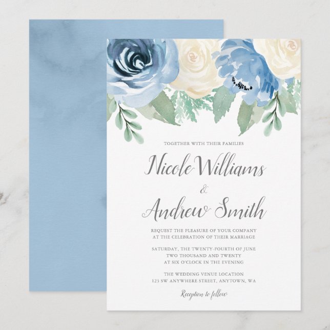 Invitation Aquarelle bleu Dusty Mariage Floral (Devant / Derrière)