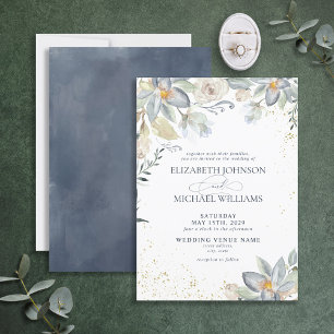Invitation Aquarelle bleu Dusty or Mariage de script Floral