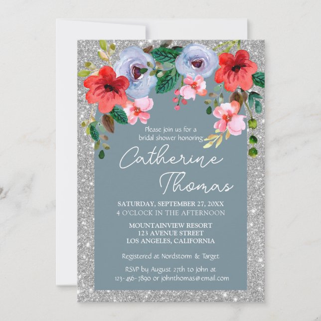 Invitation Aquarelle bleu Dusty Parties scintillant argent Ar (Devant)