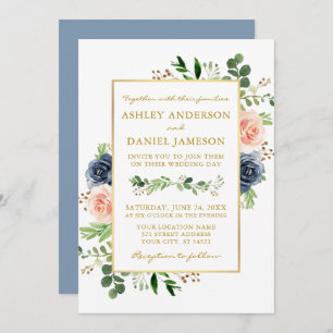 Invitation Aquarelle bleu Dusty Rose Mariage or