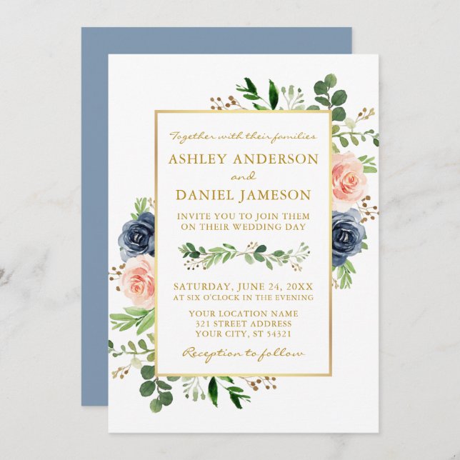 Invitation Aquarelle bleu Dusty Rose Mariage or (Devant / Derrière)