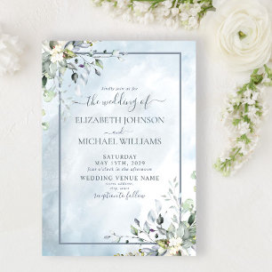 Invitation Aquarelle bleu Dusty vert botanique Script