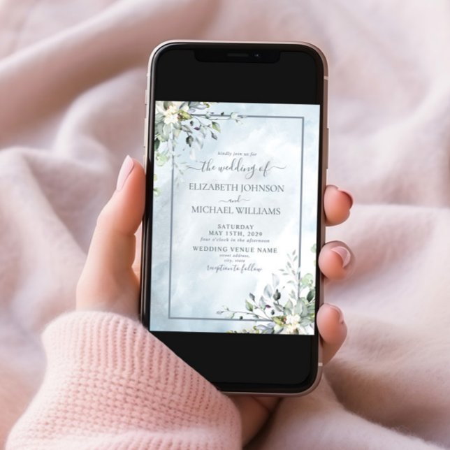 Invitation Aquarelle bleu Dusty vert botanique Script (Créateur téléchargé)