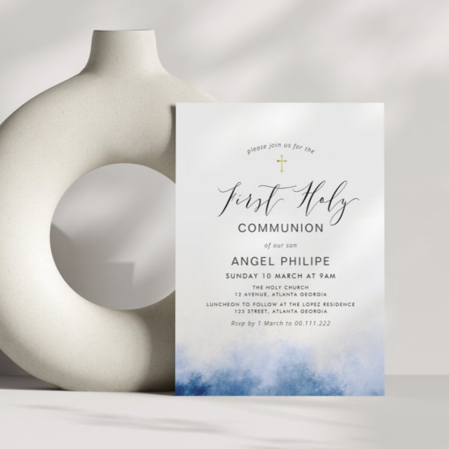 Invitation aquarelle bleu écriture première communion sainte (Créateur téléchargé)