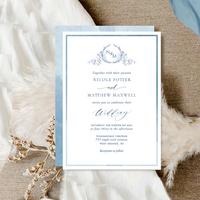 Invitation Aquarelle bleu Elegant Monogram Mariage Invitatiat (Créateur téléchargé)