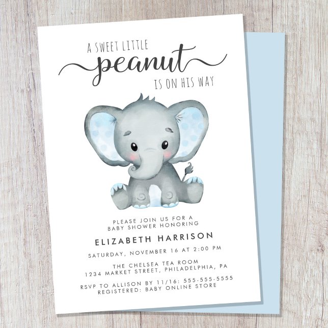 Invitation Aquarelle bleu éléphant Bébé garçon douche (Cute sweet little peanut baby boy shower invitation)