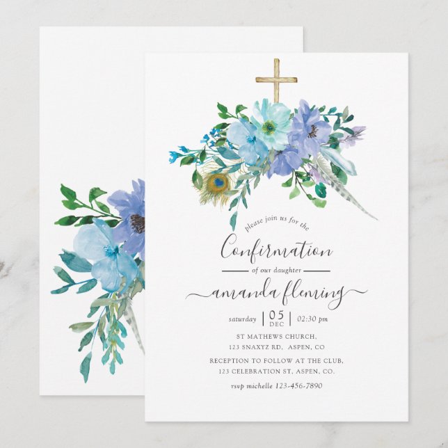 Invitation Aquarelle bleu et à la menthe Boho Confirmation fl (Devant / Derrière)