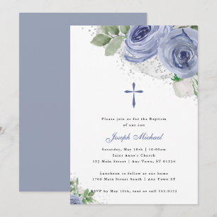 Invitation Aquarelle bleu et argent Floral Baptême religieux
