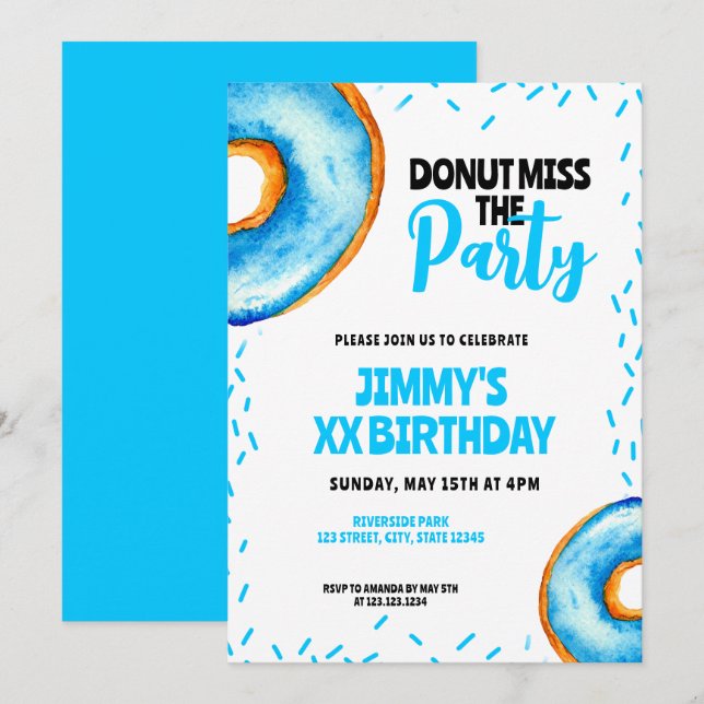 Invitation Aquarelle Bleu et Blanc Cute Garçon Donut Annivers (Devant / Derrière)