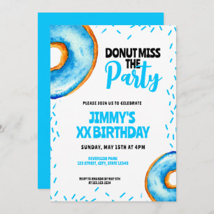 Invitation Aquarelle Bleu et Blanc Cute Garçon Donut Annivers