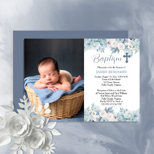Invitation Aquarelle bleu et blanc Floral Boy Photo Baptême