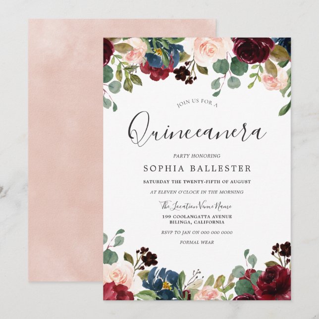 Invitation Aquarelle bleu et bordeaux Quinceanera (Devant / Derrière)