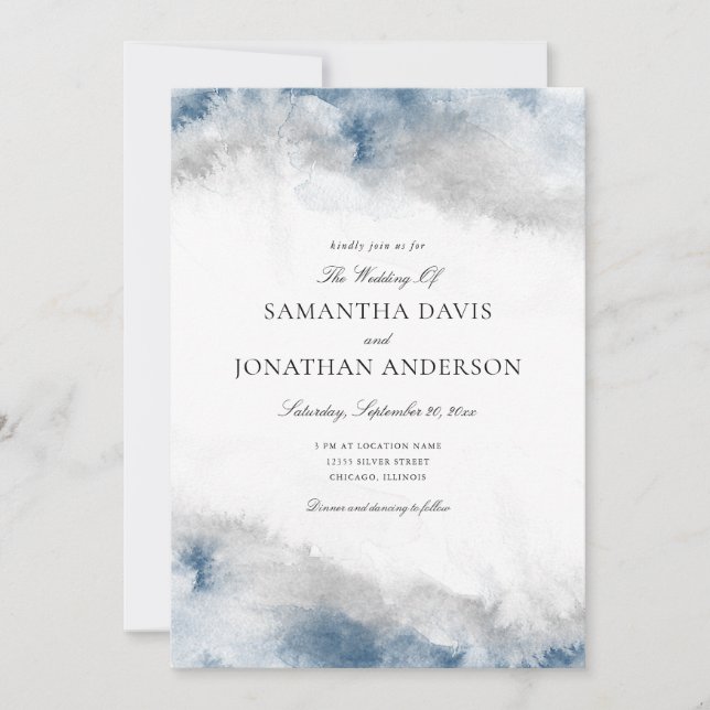 Invitation Aquarelle bleu et gris Abstrait Mariage d'hiver (Devant)