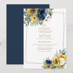 Invitation Aquarelle bleu et jaune Mariage Floral II