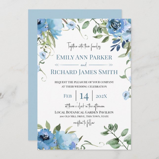 Invitation Aquarelle bleu et Mariage floral (Devant / Derrière)