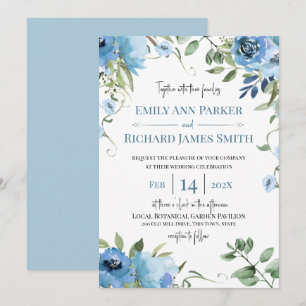 Invitation Aquarelle bleu et Mariage floral