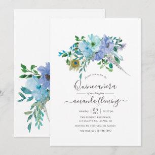 Invitation Aquarelle bleu et menthe Boho Floral Quinceañera