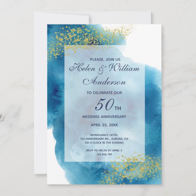 Invitation Aquarelle Bleu et Or 50e anniversaire Mariage (Devant)