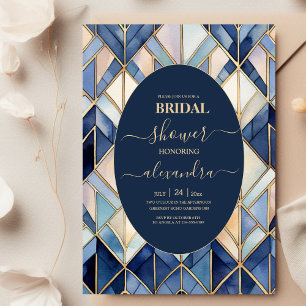 Invitation Aquarelle Bleu et Or Art Déco Bride