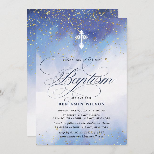 Invitation Aquarelle Bleu Et Or Baptême Garçon (Devant / Derrière)
