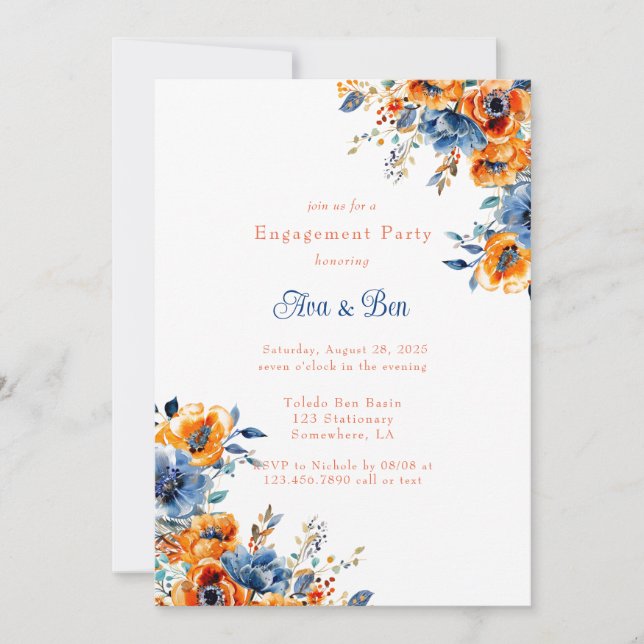 Invitation Aquarelle bleu et orange Fête de fiançailles flora (Devant)