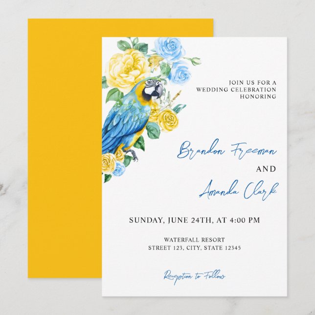Invitation Aquarelle bleu et perroquet jaune Mariage floral (Devant / Derrière)