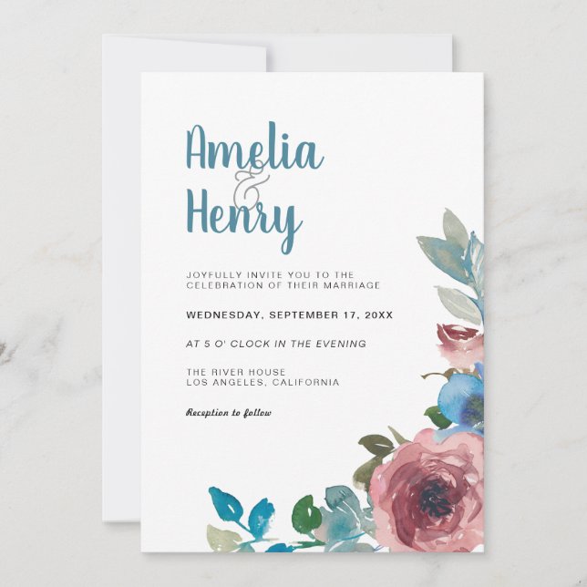 Invitation Aquarelle bleu et rose moderne Mariage Floral (Devant)