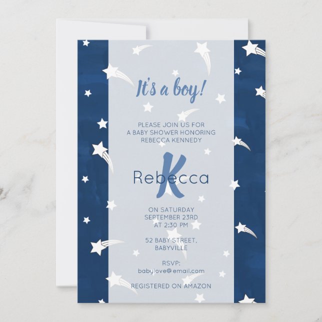 Invitation Aquarelle bleu étoile Monogramme Baby shower Garço (Devant)